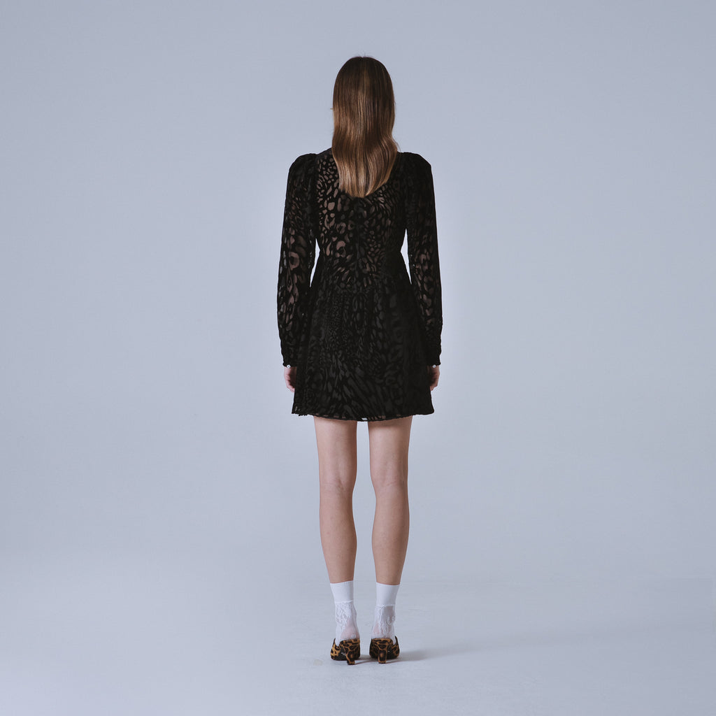 Sveta Milano Abito Oxford con motivo leopardo su velluto nero Saldi Di Fabbrica