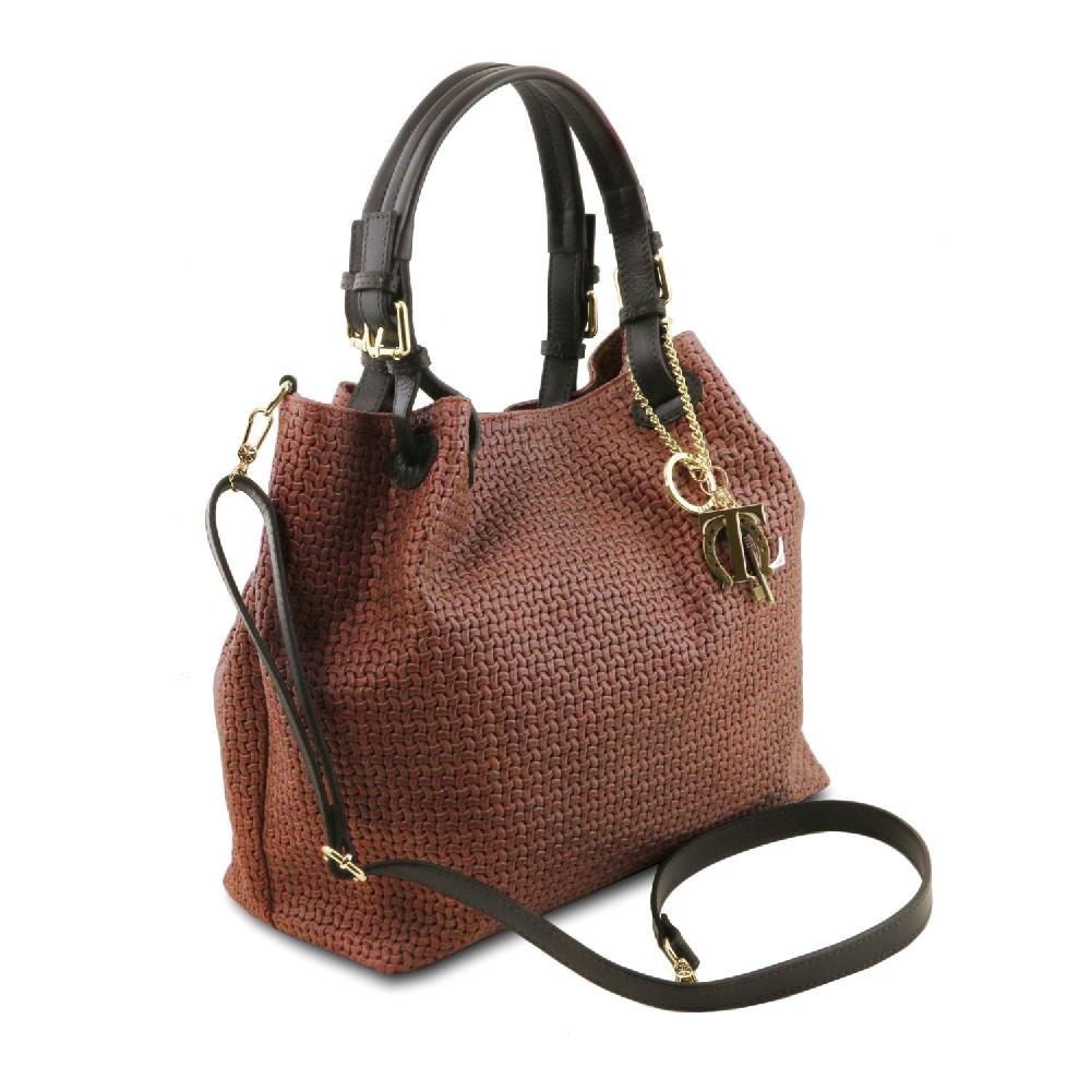 Tuscany Leather Borsa Shopping in Pelle Stampa Intrecciata Online Outlet