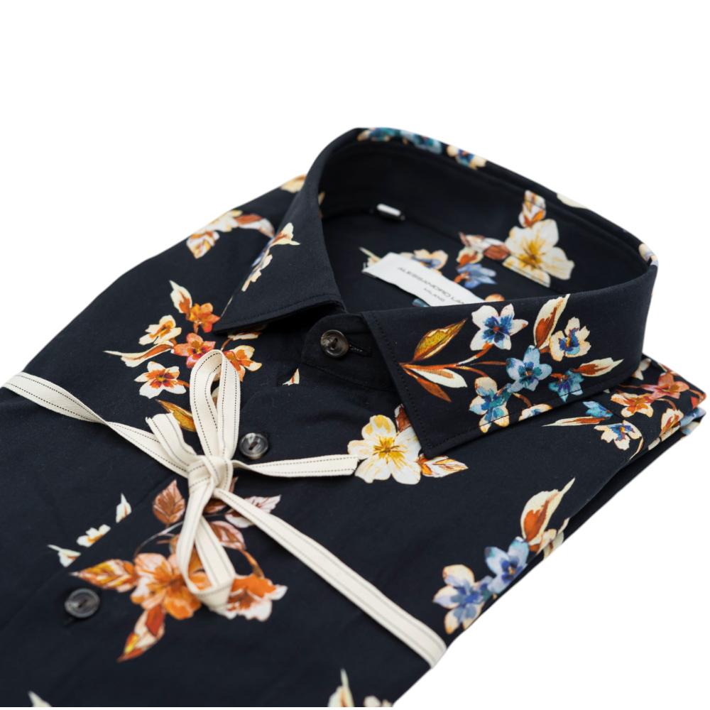 Alessandro Lamura Camicia Nera con Motivo Floreale Multicolore Spedizione Gratuita