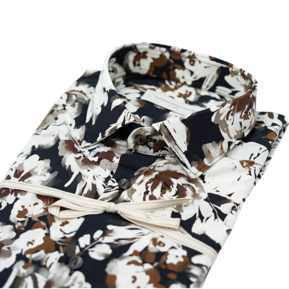 Alessandro Lamura Camicia Nera con Motivo Floreale Bianco e Marrone Soddisfazione Garantita