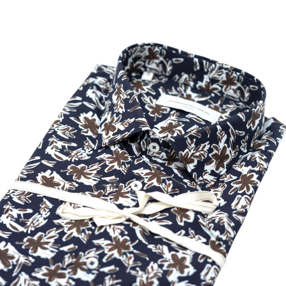 Alessandro Lamura Camicia Blu scuro con Stampa Floreale Bianca e Marrone Promozione Limitata