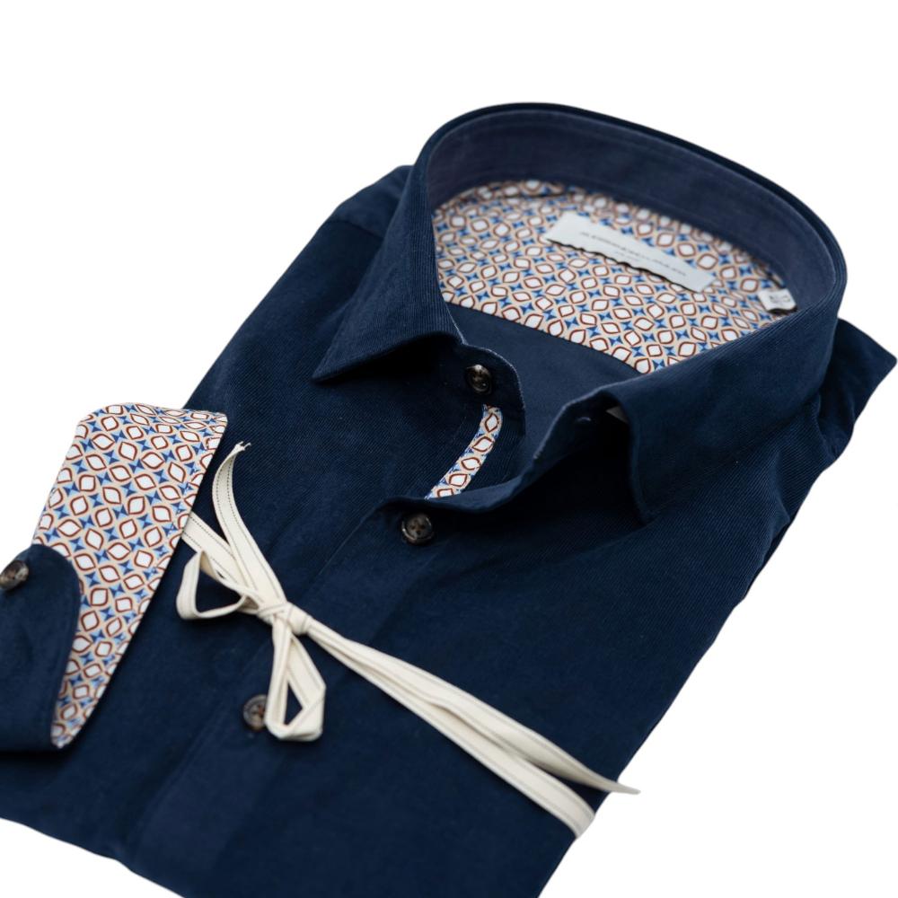 Alessandro Lamura Camicia Velluto Millerighe Blu Navy Con Dettagli Interni Geometrici Hotsell
