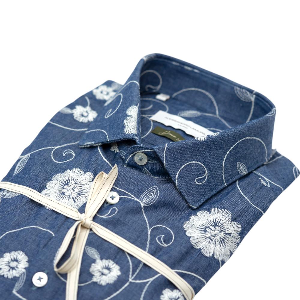 Alessandro Lamura Camicia in Denim Blu con Motivo Floreale Bianco Nuovo
