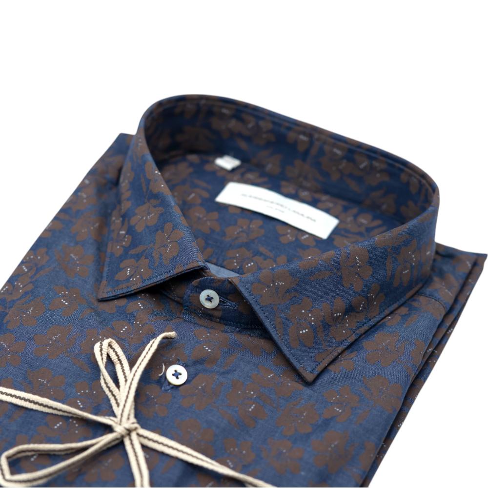 Alessandro Lamura Camicia Blu Scuro con Motivo Floreale Marrone Soddisfazione Garantita