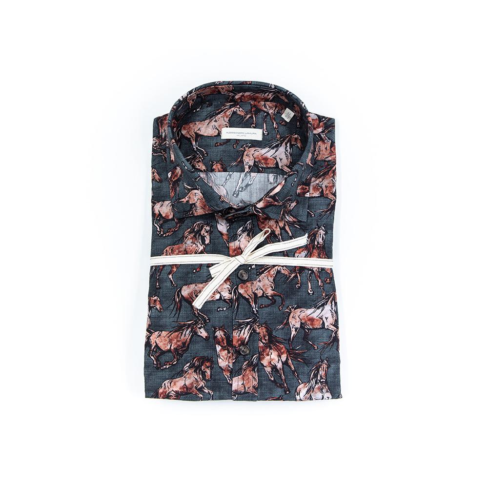 Alessandro Lamura Camicia Di Cotone Stampa Cavalli in corsa – Collo francese Shopping Online