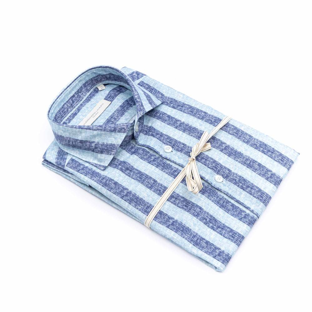 Alessandro Lamura Camicia Blu Rigata Collo Francese Presa