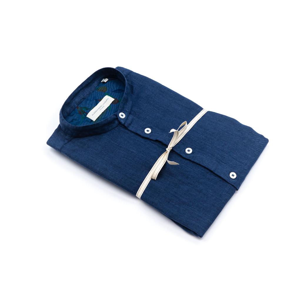 Alessandro Lamura Camicia Lino Coreana blu Con Contrasto Online