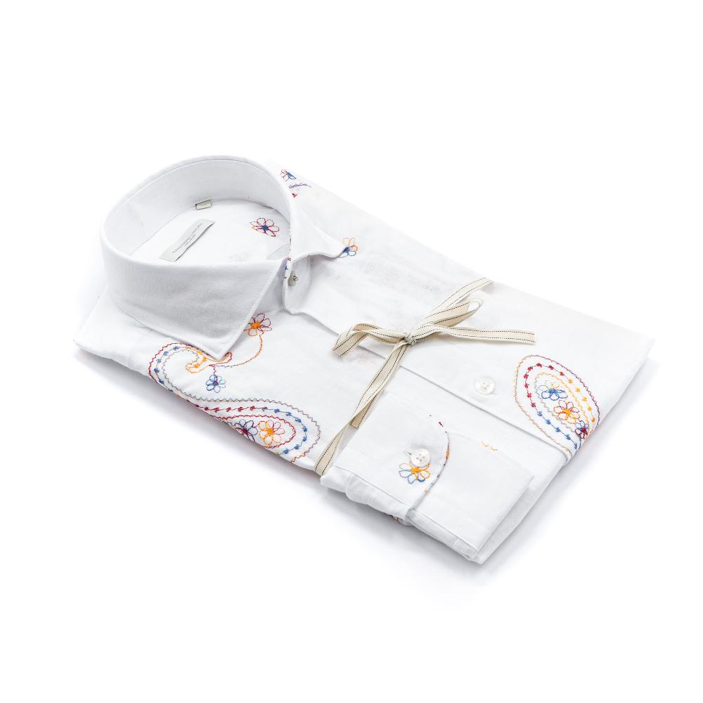 Alessandro Lamura Camicia Ricamo Fiori in Lino Collo Francese Qualità